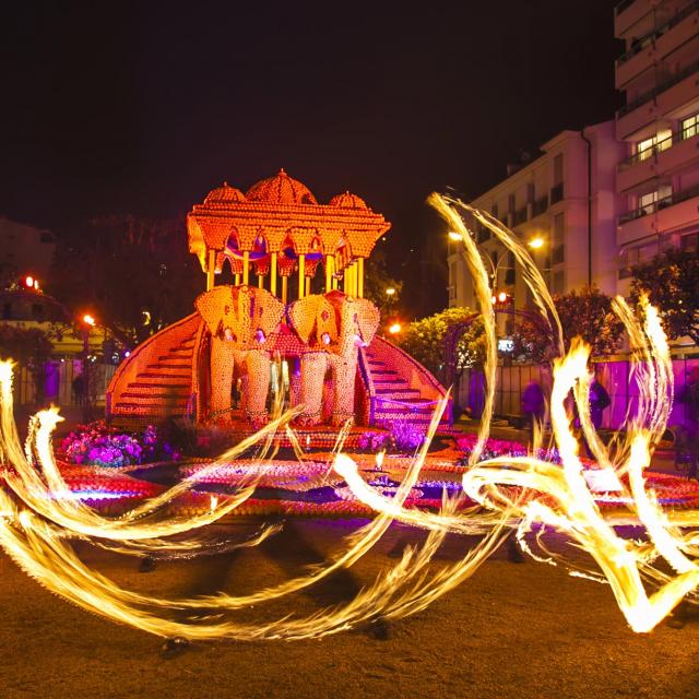 Fête Du Citron® à Menton : Jeu de lumières avec les motifs d'agrumes dans les jardins Biovès