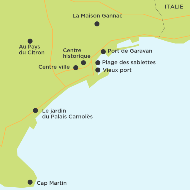 Carte de Menton décrivant les points clés de l'Aventure 2 Citrons et Merveilles